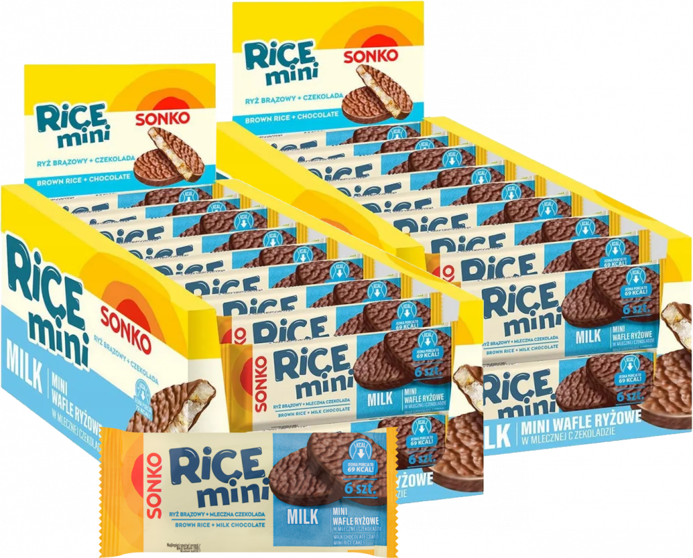 24x Mini wafle ryżowe Sonko Rice Mini Milk, w czekoladzie mlecznej, 6 sztuk, 27g
