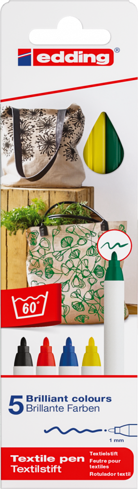 Pisak tekstylny edding 4600, okrągła, 1mm, 5 sztuk, mix kolorów