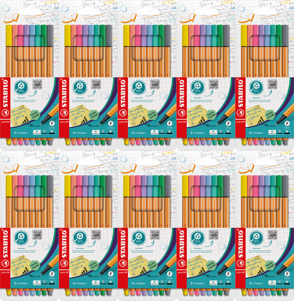 10x Cienkopis Stabilo, Point 88/8-01, 0,4mm, 8 sztuk w etui, mix kolorów pastelowych