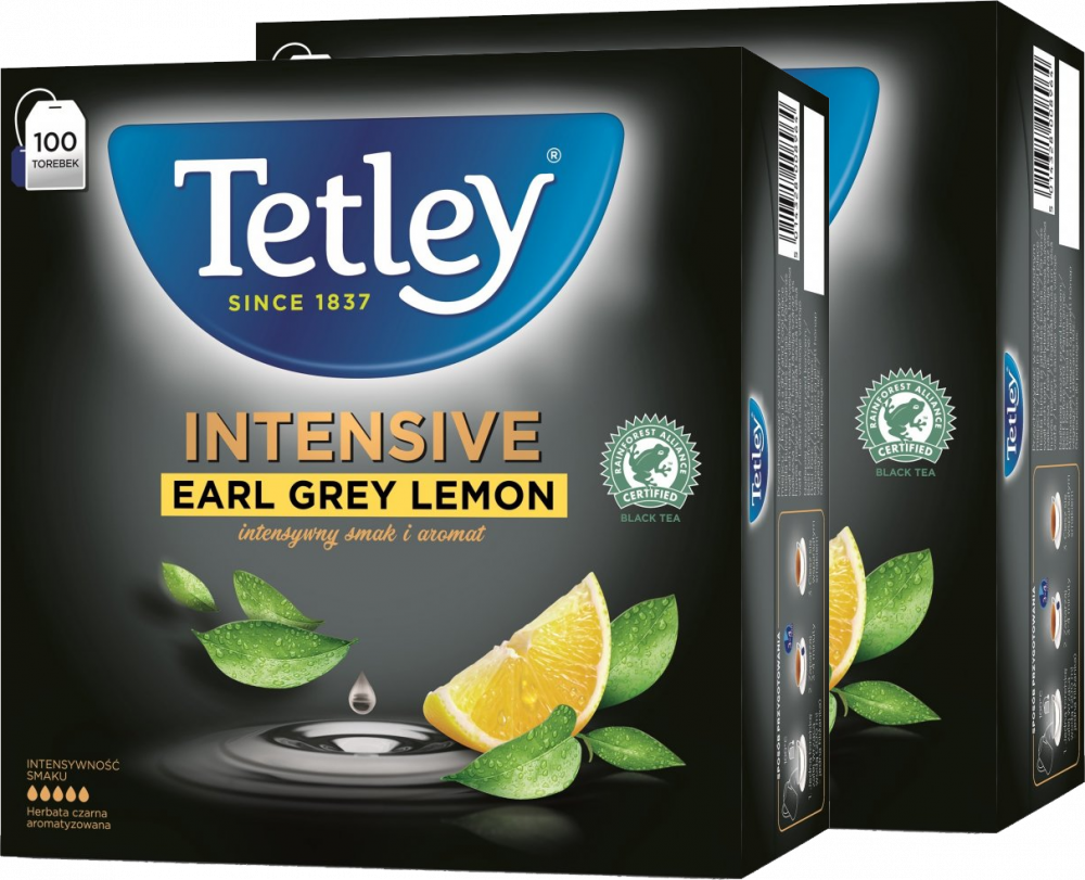2x Herbata Earl Grey w torebkach Tetley Intensive, cytryna, 100 sztuk x 2g