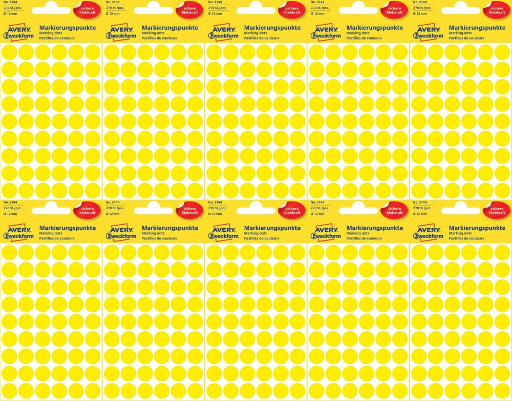 10x Etykiety Avery Zweckform, okrągłe, średnica 12mm, 270 sztuk, żółty