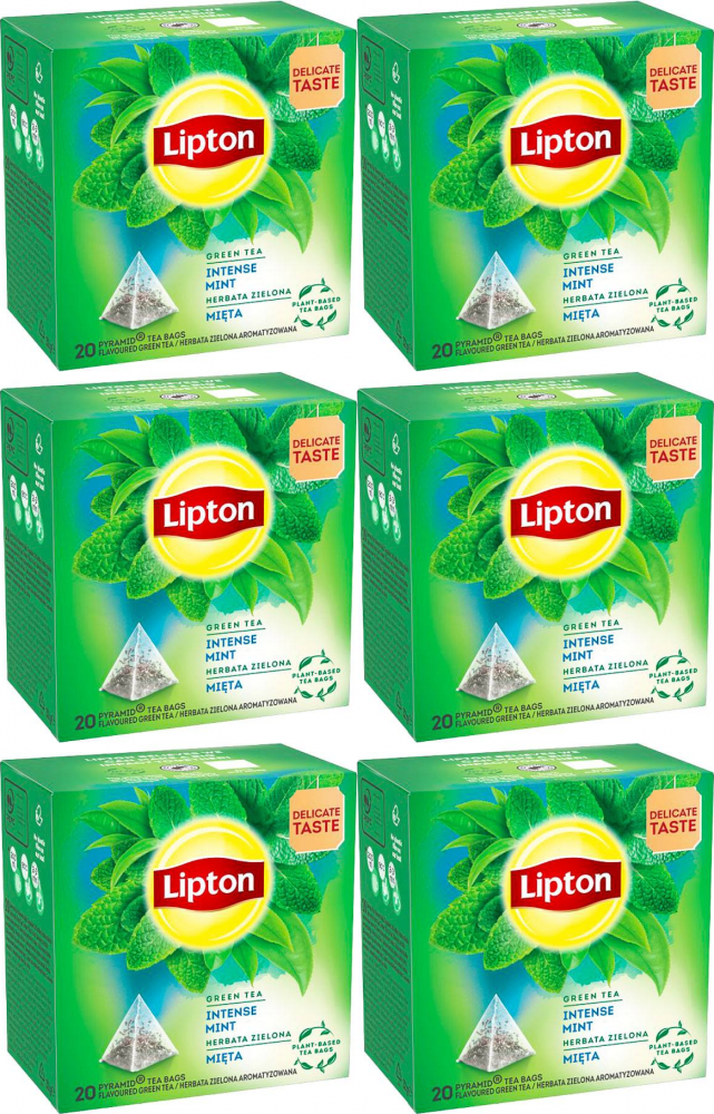 6x Herbata zielona smakowa w piramidkach Lipton, z miętą, 20 sztuk