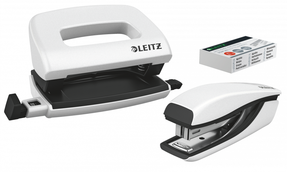 Zestaw zszywacz i dziurkacz Leitz Mini NeXXt Wow, metalowy, biały