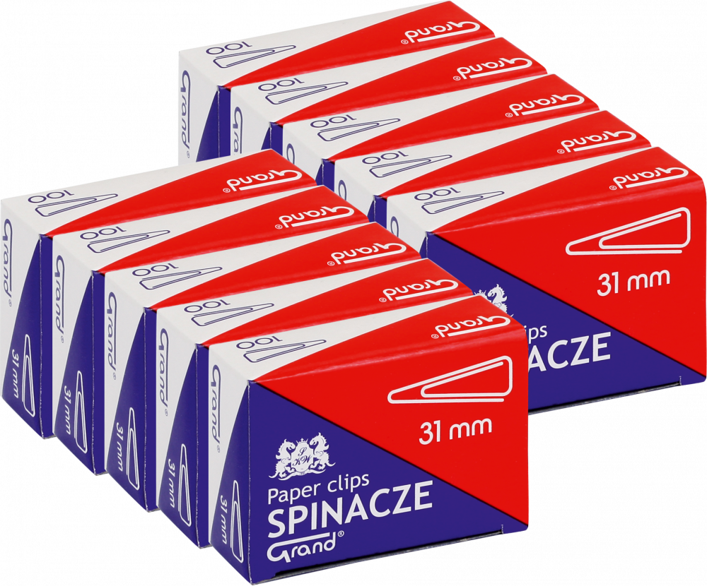 10x Spinacze Grand, trójkątne, 31 mm, 100 sztuk, srebrny