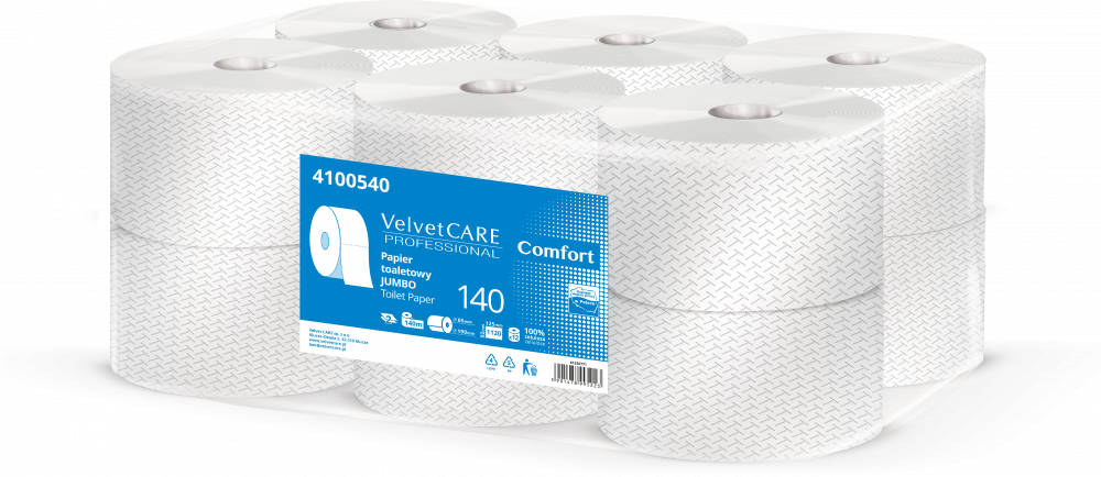 Papier toaletowy VelvetCARE Professional Jumbo 140, 2-warstwowy, 140m, 12 rolek, biały