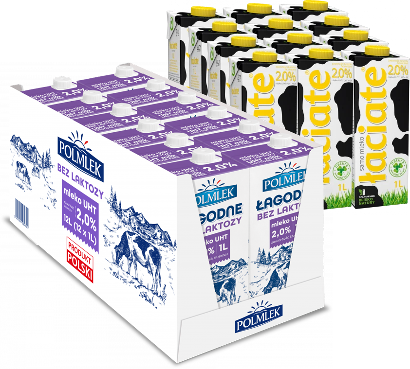 Zestaw: 12x Mleko UHT Łaciate, 2%, 1l + 12x Mleko UHT Łagodne, bez laktozy, 2%, 1l