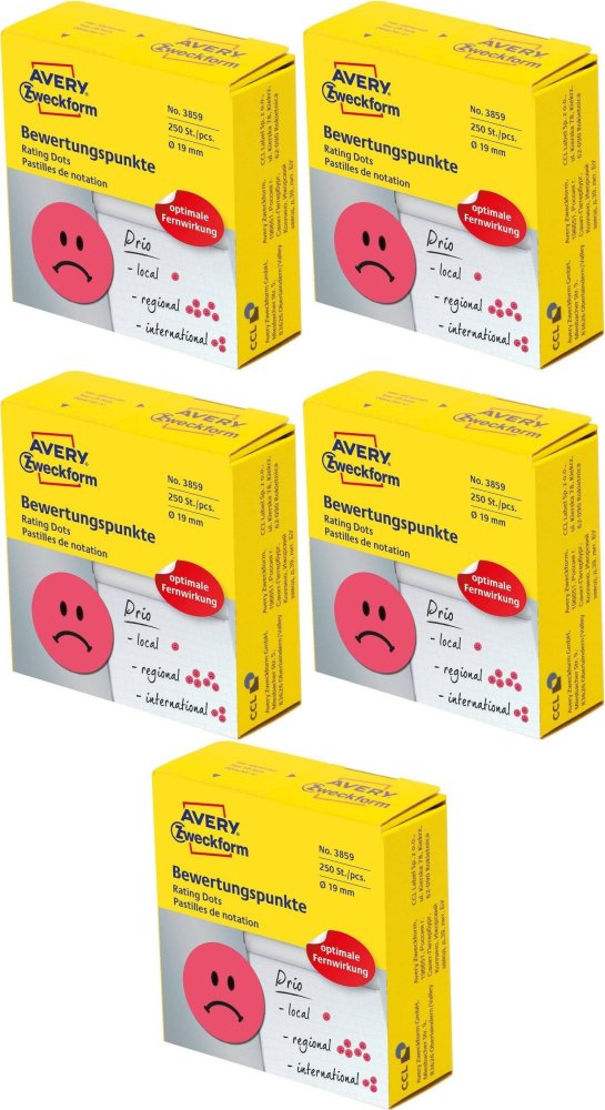5x Etykiety "smutna buźka" Avery Zweckform, okrągłe, średnica 19mm, 250 sztuk, czerwony