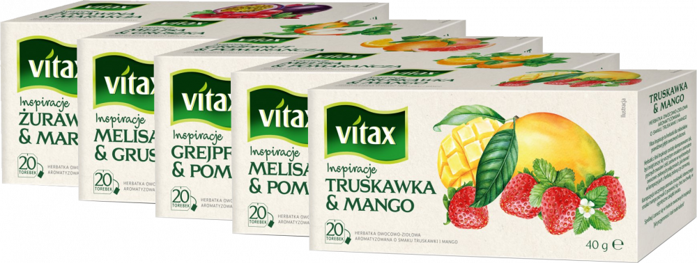 Zestaw herbat owocowych Vitax Inspirations: melisa i gruszka + melisa i pomarańcza + truskawka i mango + grejpfrut i pomarańcza + żurawina i marakuja,