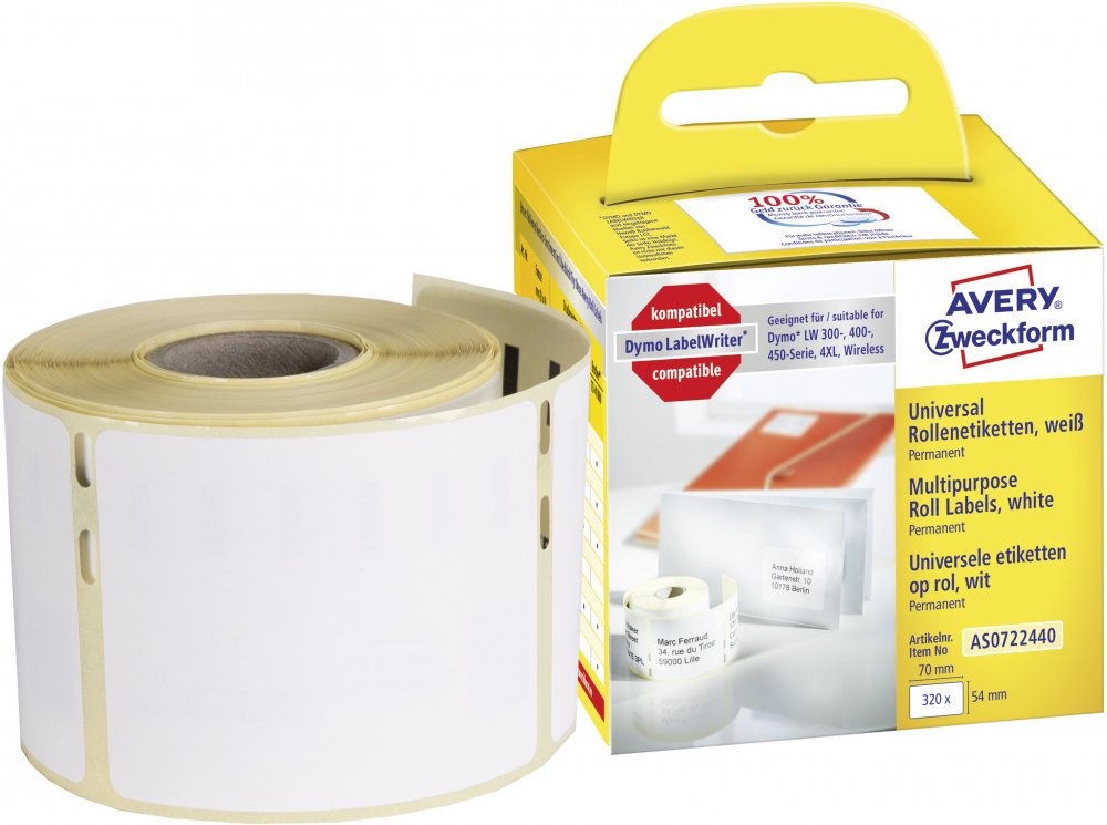 Etykiety samoprzylepne Avery Zweckform, w rolce, do drukarek termicznych Dymo TM, 54 x 70mm, 320 etykiet/1 rolka, biały