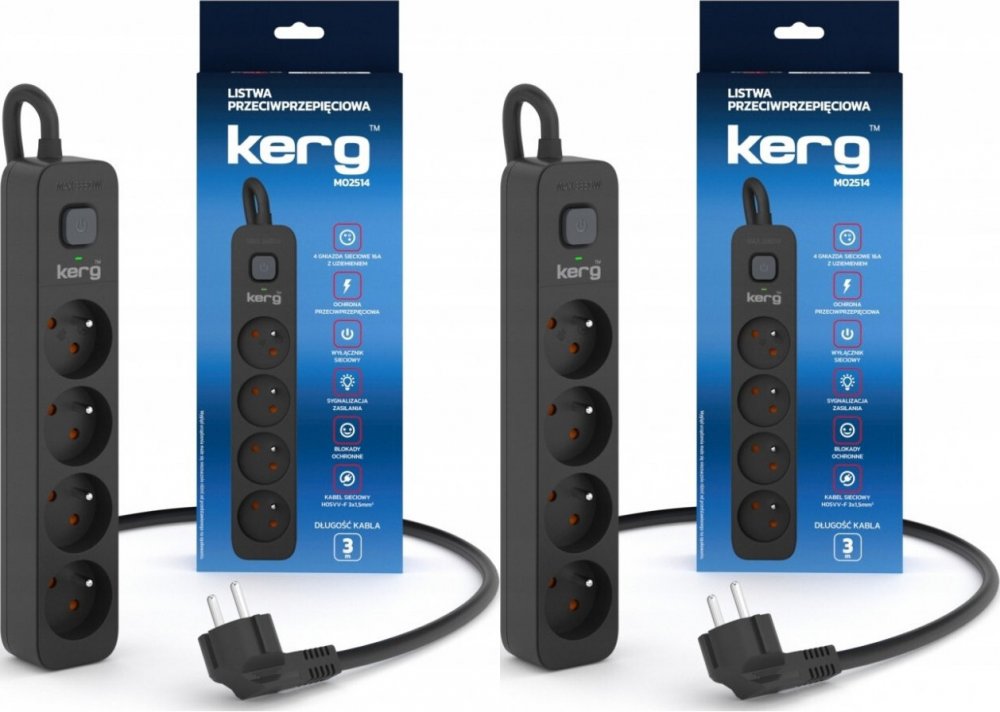 2x Listwa przeciwprzepięciowa Kerg, 3m, 4 gniazda, czarny