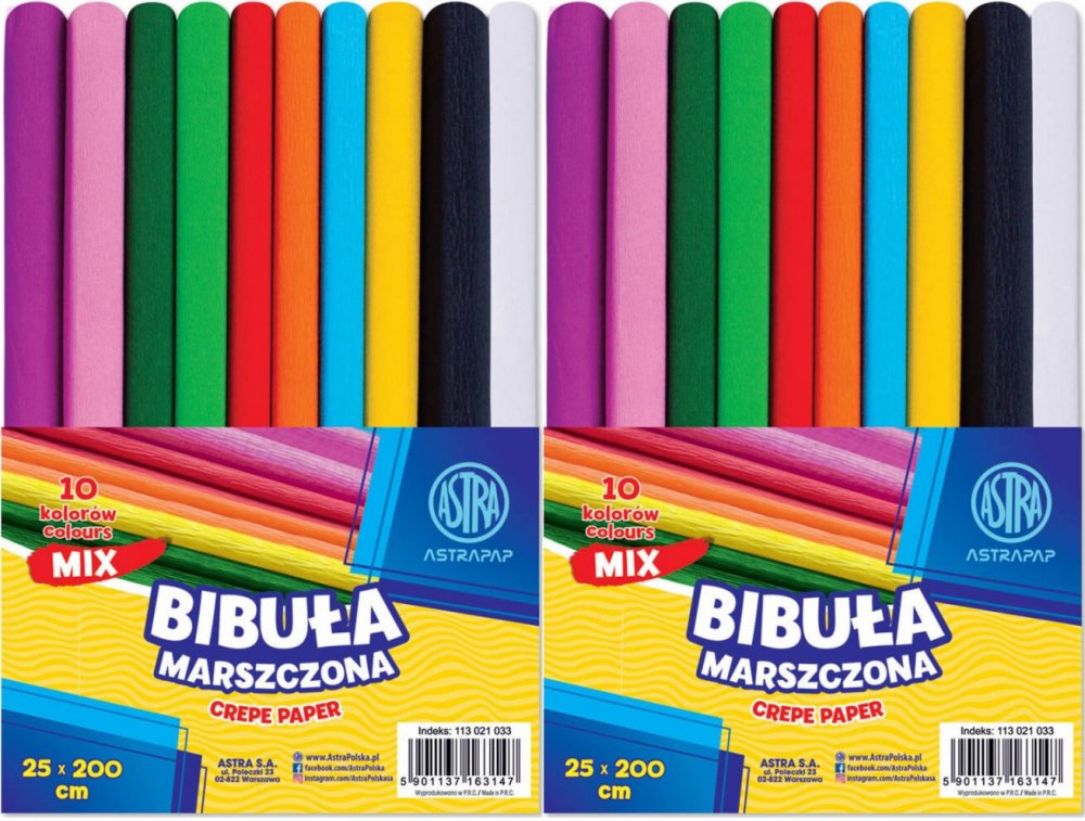 2x Bibuła marszczona Astra Astrapap, 200x25cm, 10 sztuk, mix kolorów