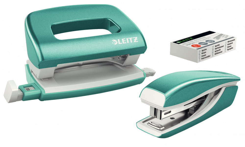 Zestaw zszywacz i dziurkacz Leitz Mini NeXXt Wow, metalowy, turkusowy