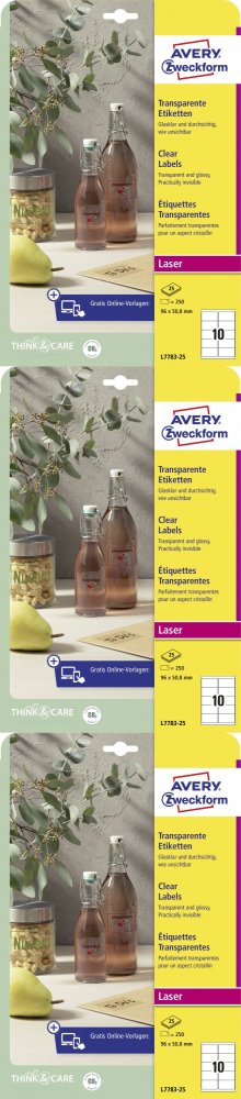 3x Etykiety oznaczeniowe Crystal Clear Avery Zweckform, 96x50.8mm, 25 arkuszy, przezroczysty