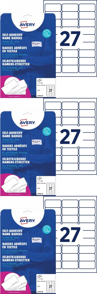 3x Identyfikator samoprzylepny Avery Zweckform, 63.5x29.6mm, sztuczny jedwab, 20 arkuszy, biały