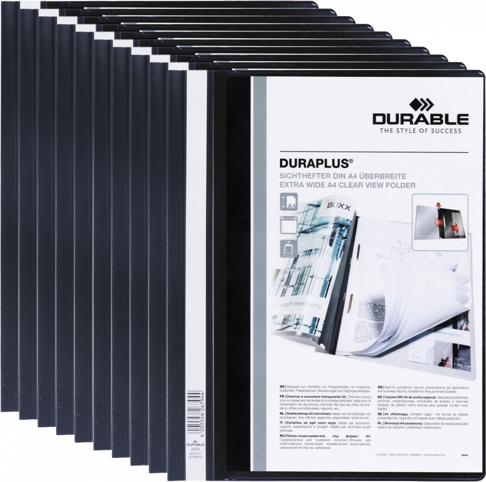 10x Skoroszyt plastikowy Duraplus Durable, A4, prezentacyjny, czarny