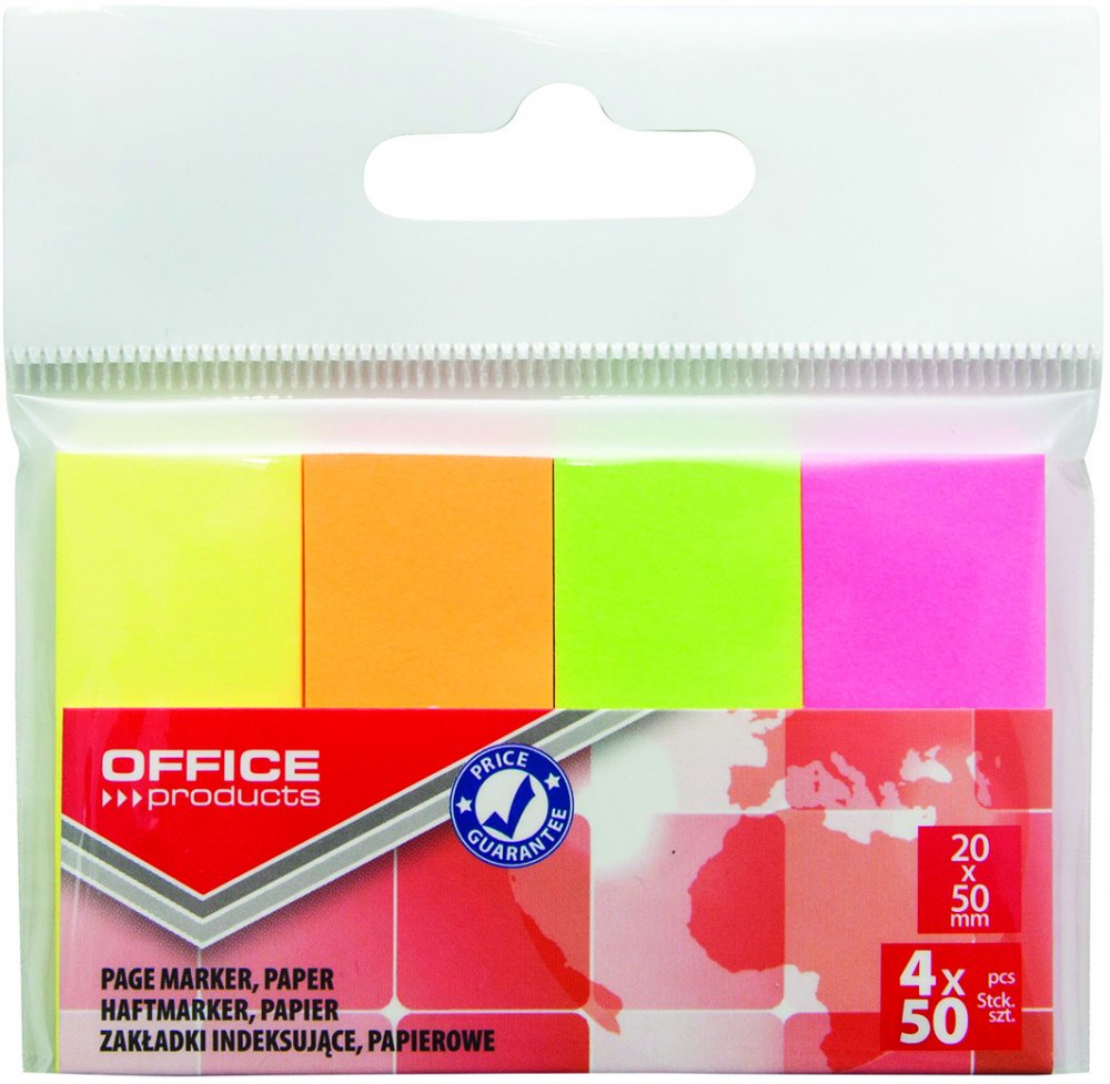 Zakładki samoprzylepne Office Products, proste, indeksujące , papier, 20x50mm, 4x50 sztuk, mix kolorów neonowych