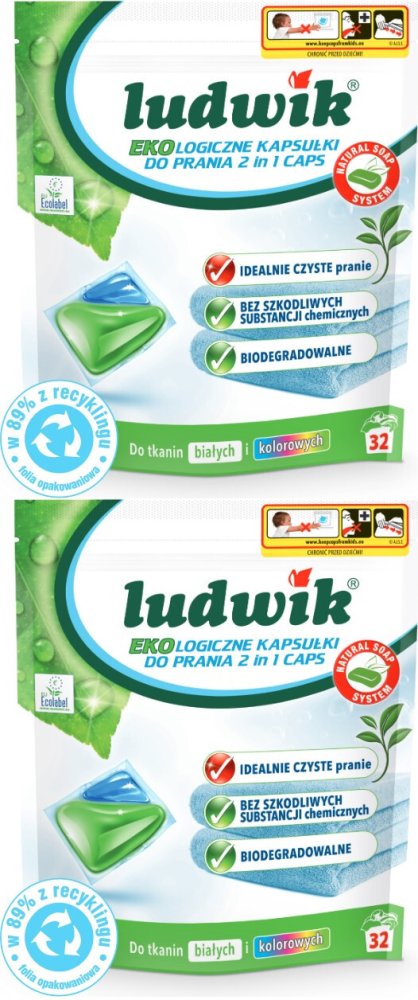 2x Kapsułki do prania tkanin białych i kolorowych Ludwik Ekologiczny 2 in 1, 32 sztuki