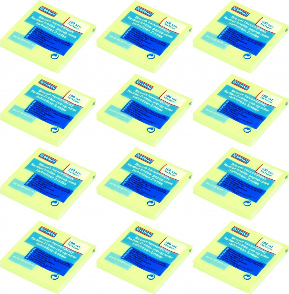 12x Karteczki samoprzylepne typu "Z" Donau, 76x76mm, 100 karteczek, żółty pastelowy