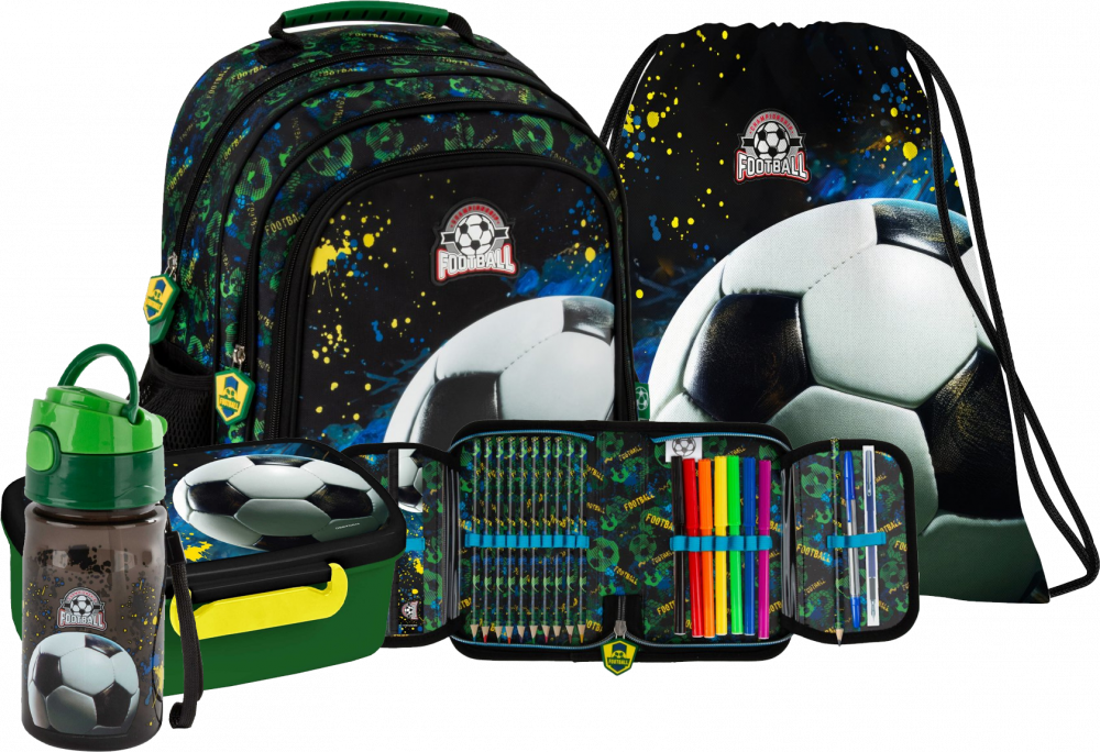 Zestaw: Plecak szkolny + piórnik z wyposażeniem + worek na buty + lunchbox + bidon na wodę Derform Piłka