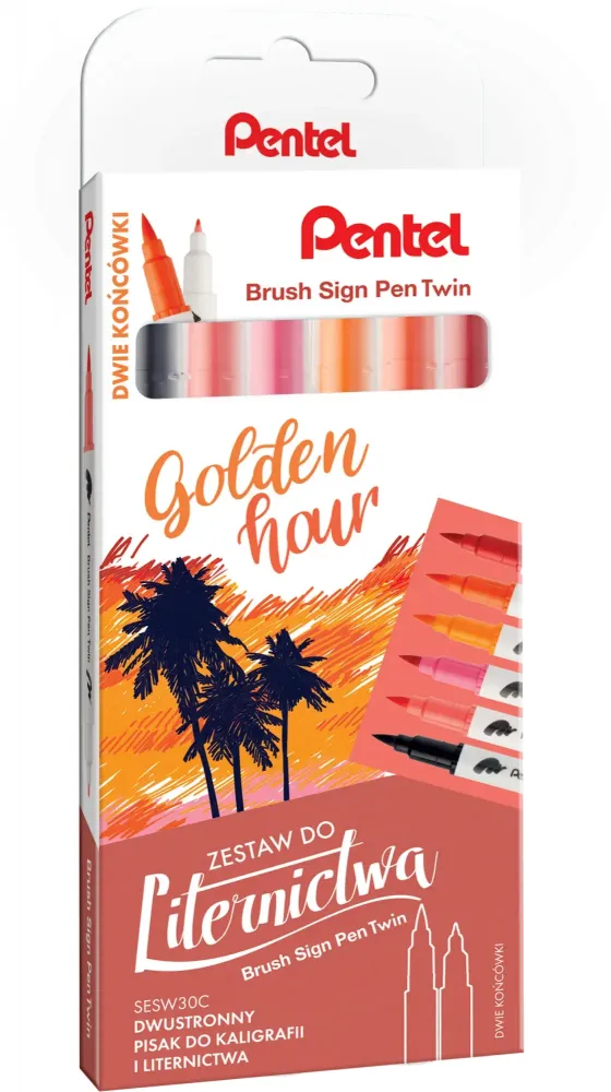 Pisaki do kaligrafii i liternictwa Pentel Brush Sign Pen Twin SESW30C Golden Hour, dwustronne, 6 sztuk, mix kolorów