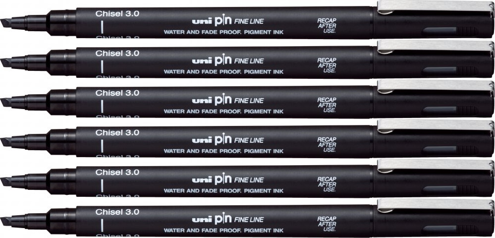 6x Cienkopis kreślarski Uni PIN-200, ścięta końcówka, 3.0mm, czarny