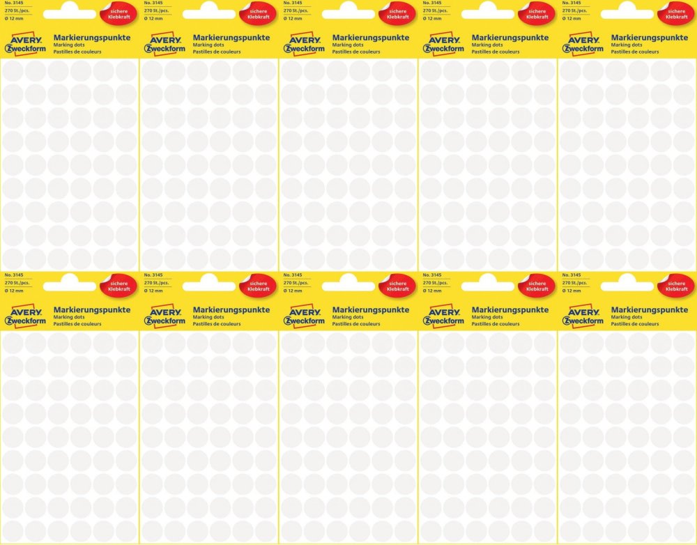 10x Etykiety Avery Zweckform, okrągłe, średnica 12mm, 270 sztuk, biały