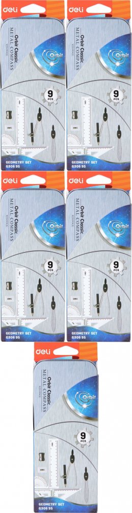 5x Zestaw geometryczny Deli Orbit, 9 elementów, w metalowym etui