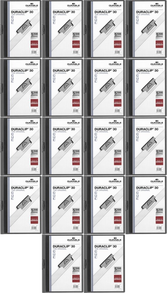 18x Skoroszyt plastikowy z klipsem Durable Duraclip, A4, do 30 kartek, grafitowy