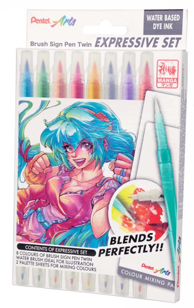Pisaki pędzelkowe Pentel Brush Sign Pen Twin Expressive Set SESW30C-SET Manga, dwustronne, 8 sztuk, mix kolorów