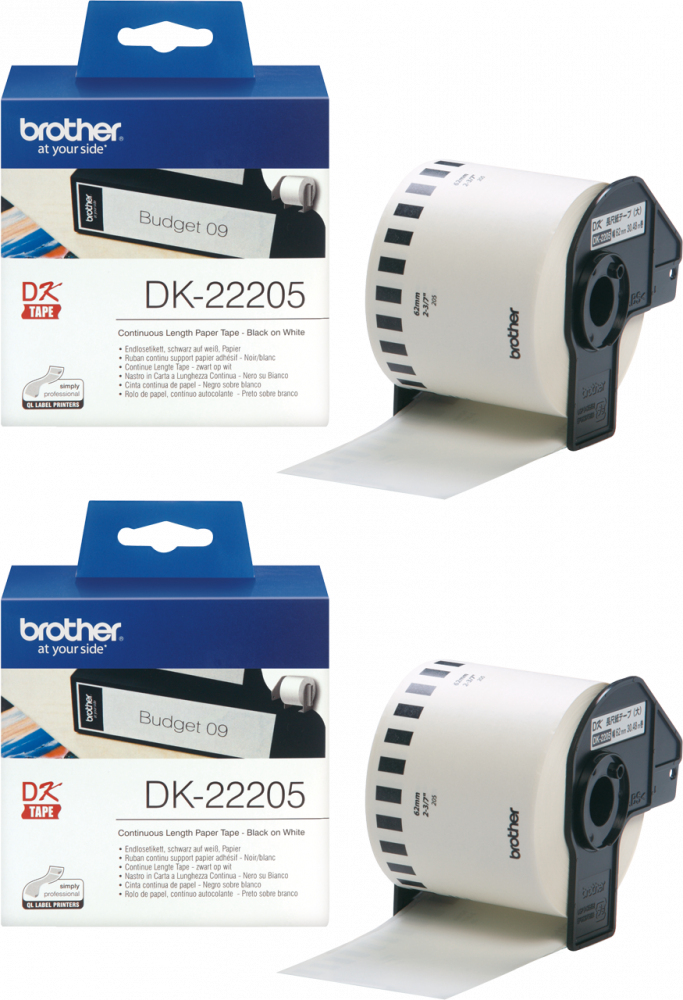 2x Taśma papierowa do drukarek etykiet Brother DK 22205, 62mmx30.48m, nadruk czarny, taśma biała