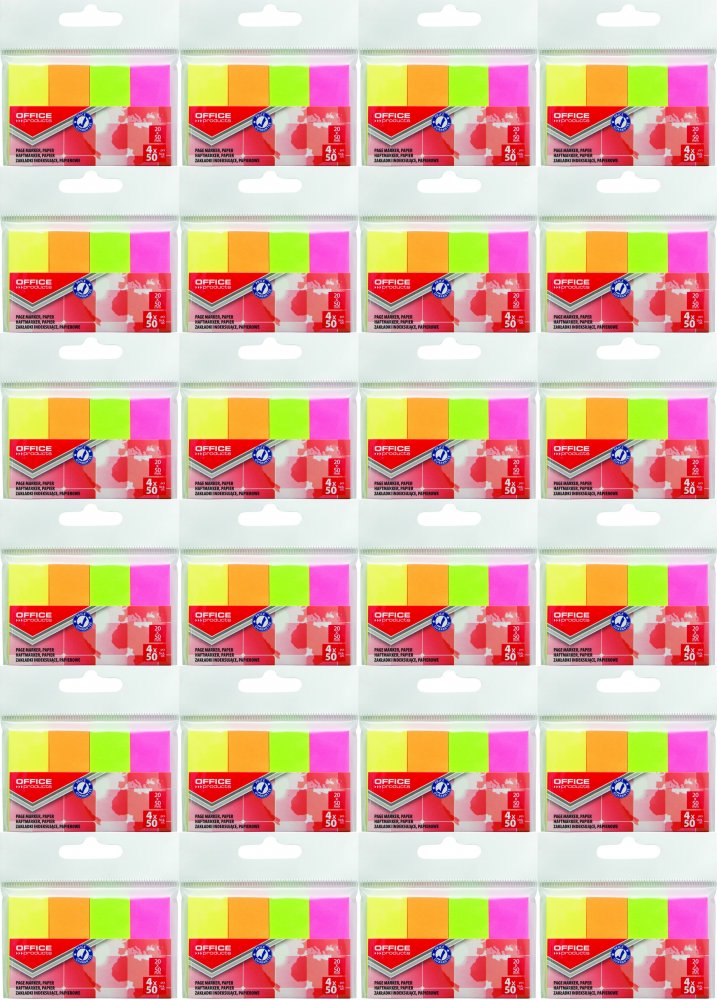 24x Zakładki samoprzylepne Office Products, proste, indeksujące , papier, 20x50mm, 4x50 sztuk, mix kolorów neonowych