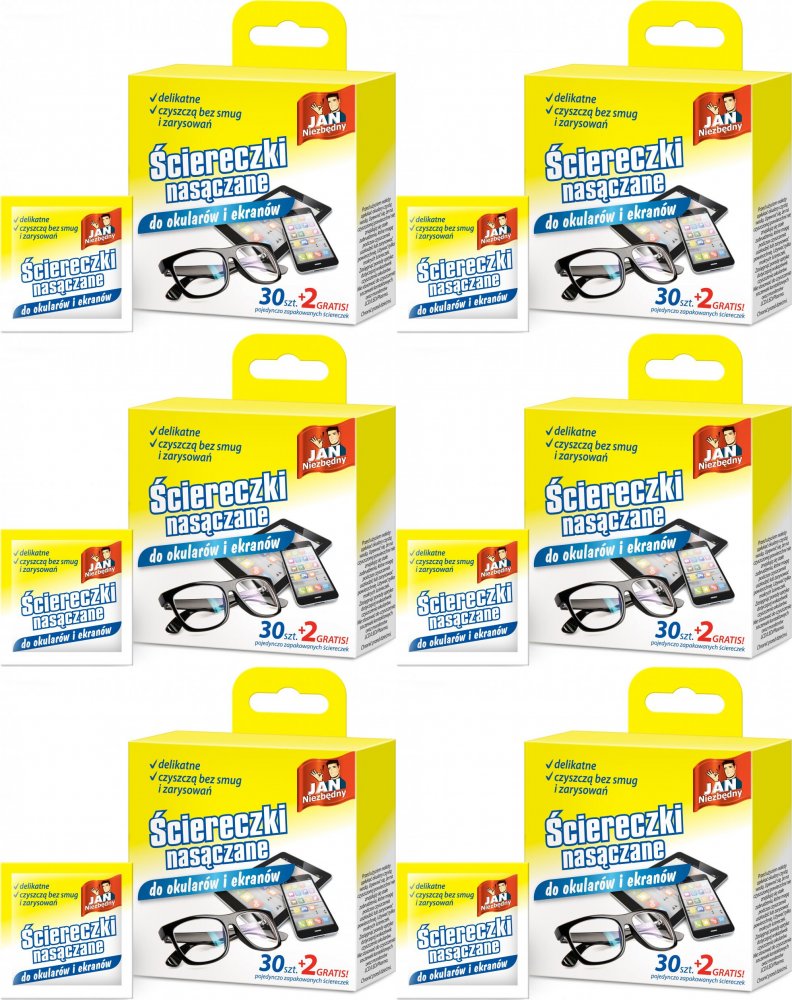 6x Ściereczki nasączane do okularów i ekranów, Jan Niezbędny, 30+2 sztuki