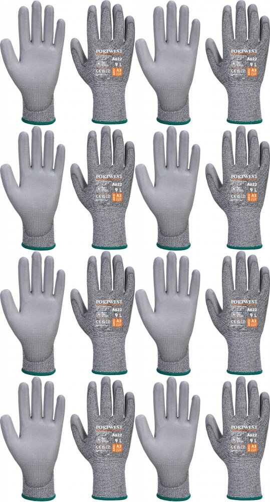 8x Rękawice robocze PU Portwest A622, antyprzecięciowe, powlekane, rozmiar L, szary