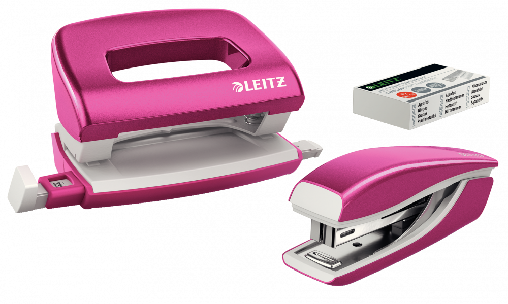 Zestaw zszywacz i dziurkacz Leitz Mini NeXXt Wow, metalowy, różowy