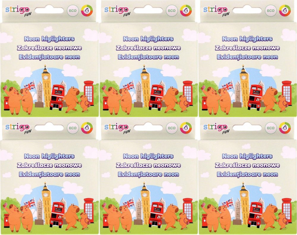 6x Zakreślacze Strigo Capybara Eko, ścięta, 1-5mm, 4 sztuki, mix kolorów neonowych