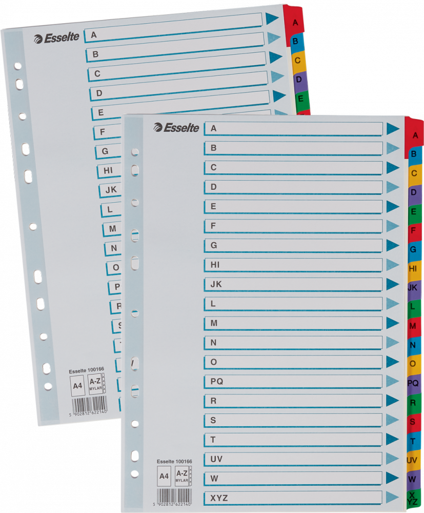 2x Przekładki do segregatora Esselte Mylar, kartonowe, alfabetyczne, A4, 20 kart, mix kolorów