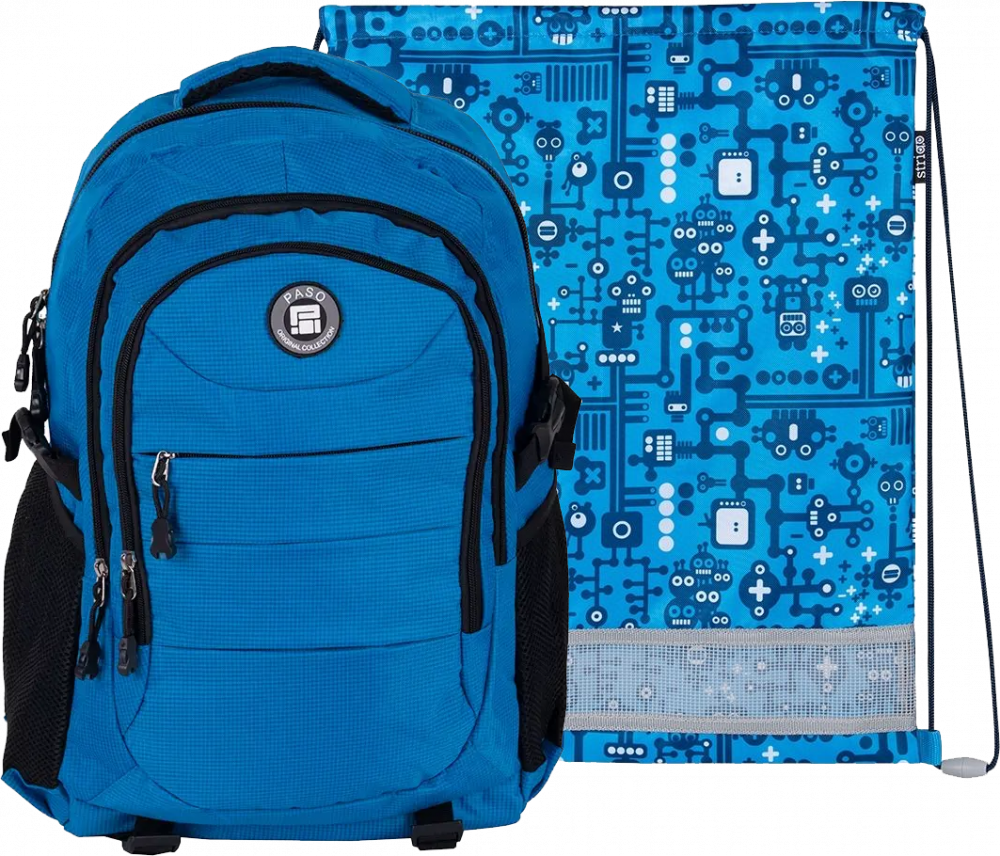 Zestaw: Plecak młodzieżowy Paso Active + Worek na buty Strigo Robot, niebieski