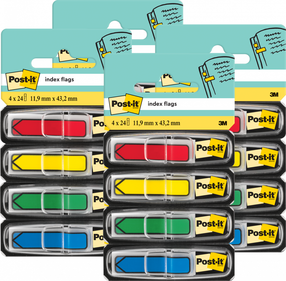 4x Zakładki samoprzylepne Post-it proste, z nadrukiem strzałki, indeksujące, folia, 12x43mm, 4x24 sztuki standardowe