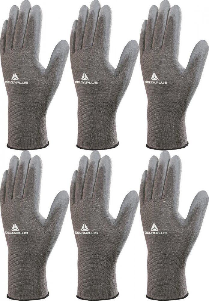 6x Rękawice robocze Delta Plus, dziane, rozmiar 6, 1 para, szary