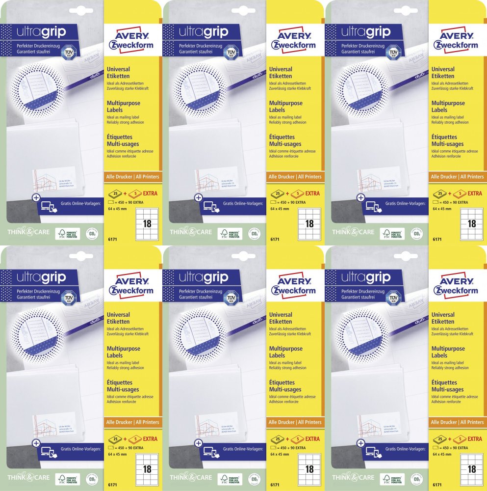 6x Etykiety samoprzylepne Avery Zweckform, 64x45mm, 25 arkuszy + 5 gratis, biały