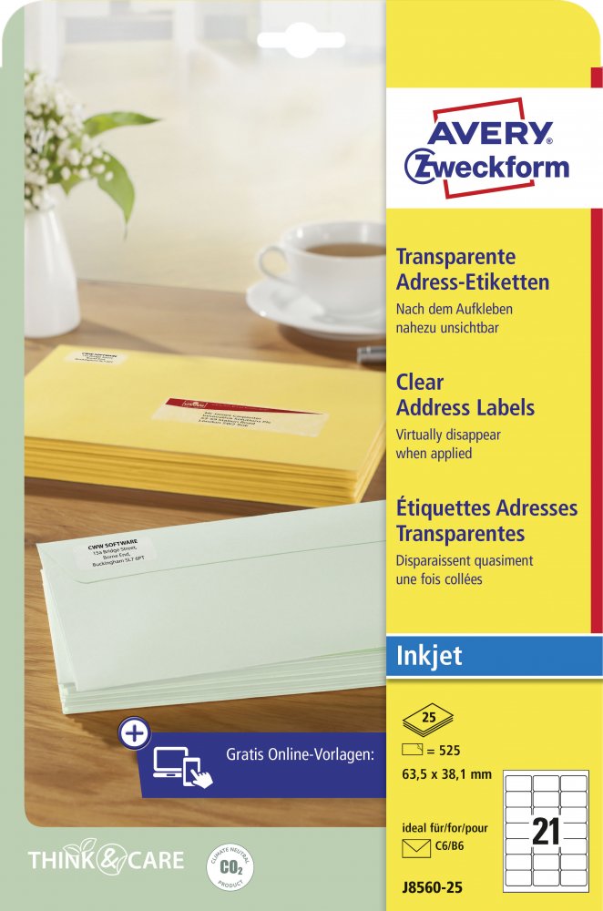 Etykiety adresowe do drukarek atramentowych Avery Zweckform, 63,5x38,1mm, 25 arkuszy, przezroczysty