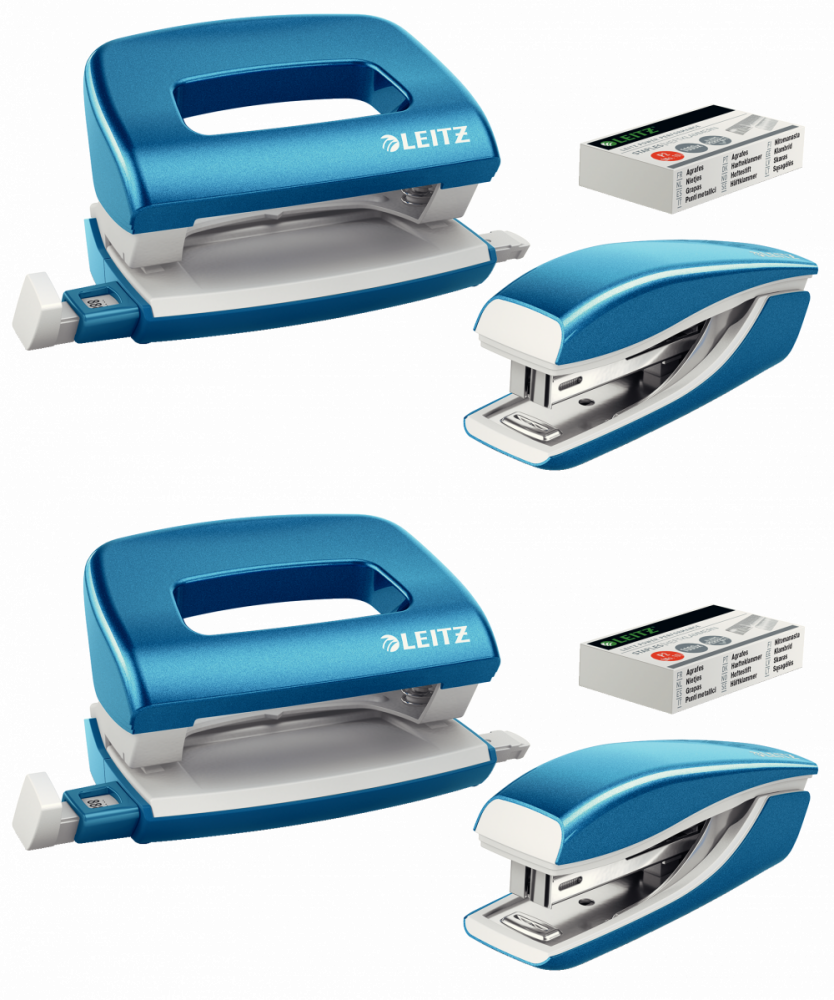 2x Zestaw zszywacz i dziurkacz Leitz Mini NeXXt Wow, metalowy, niebieski