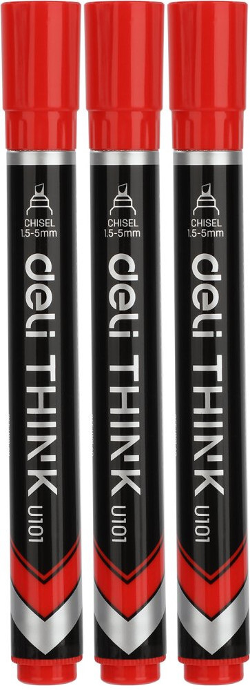 3x Marker permanentny Deli Think U101, ścięta, 1.5-5mm, czerwony