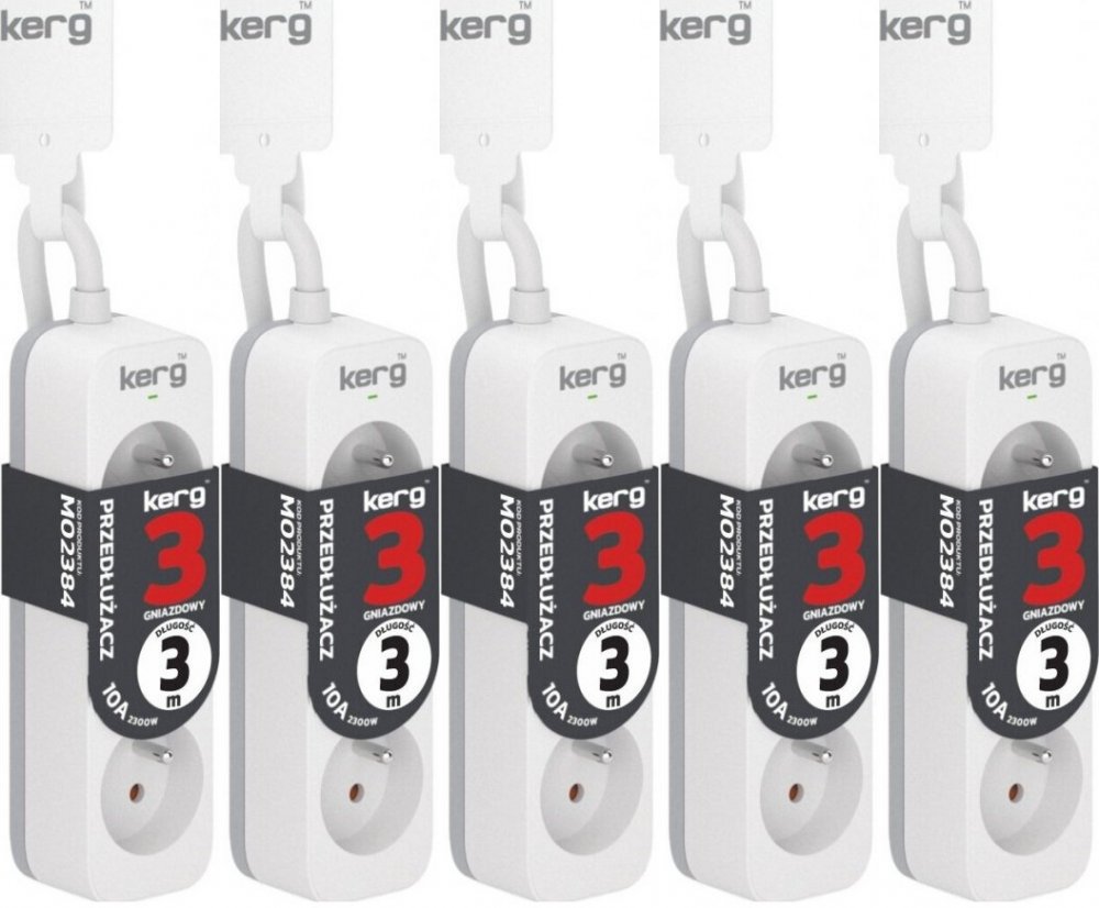 5x Przedłużacz Kerg, 3m, 3 gniazda, biało-szary