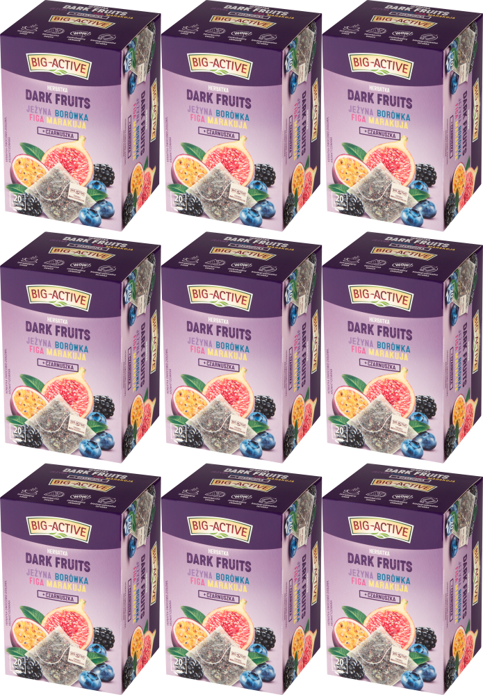 9x Herbata owocowo-ziołowa w kopertach Big Active Dark Fruits, jeżyna/borówka/figa/marakuja + czarnuszka, 20 sztuk x 2.25g