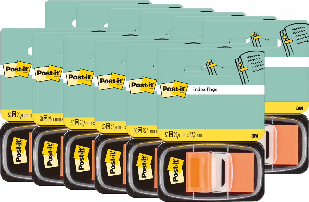 12x Zakładki samoprzylepne Post-it proste, indeksujące, folia, półtransparentne, 25.4x43.2mm, 1x50 sztuk, pomarańczowy