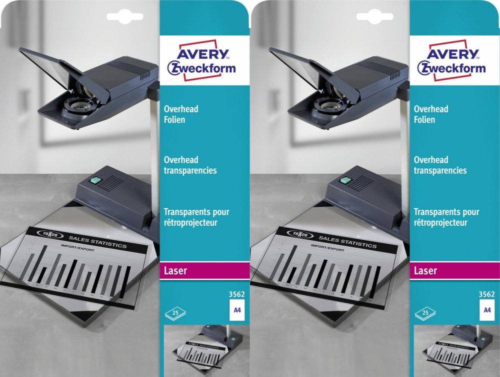 2x Folia do rzutnika Avery Zweckform, do czarno-białych drukarek laserowych i kopiarek, A4, 25 sztuk, przezroczysty