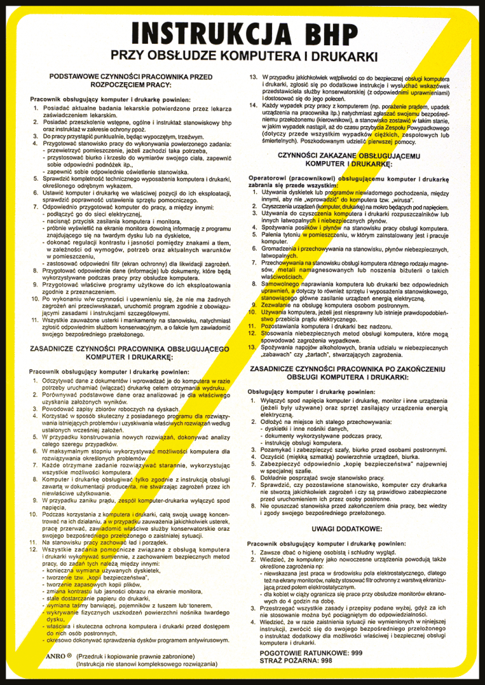 Tabliczka informacyjna Instrukcja BHP na stanowisku pracy z komputerem i drukarką Anro, 25x35cm