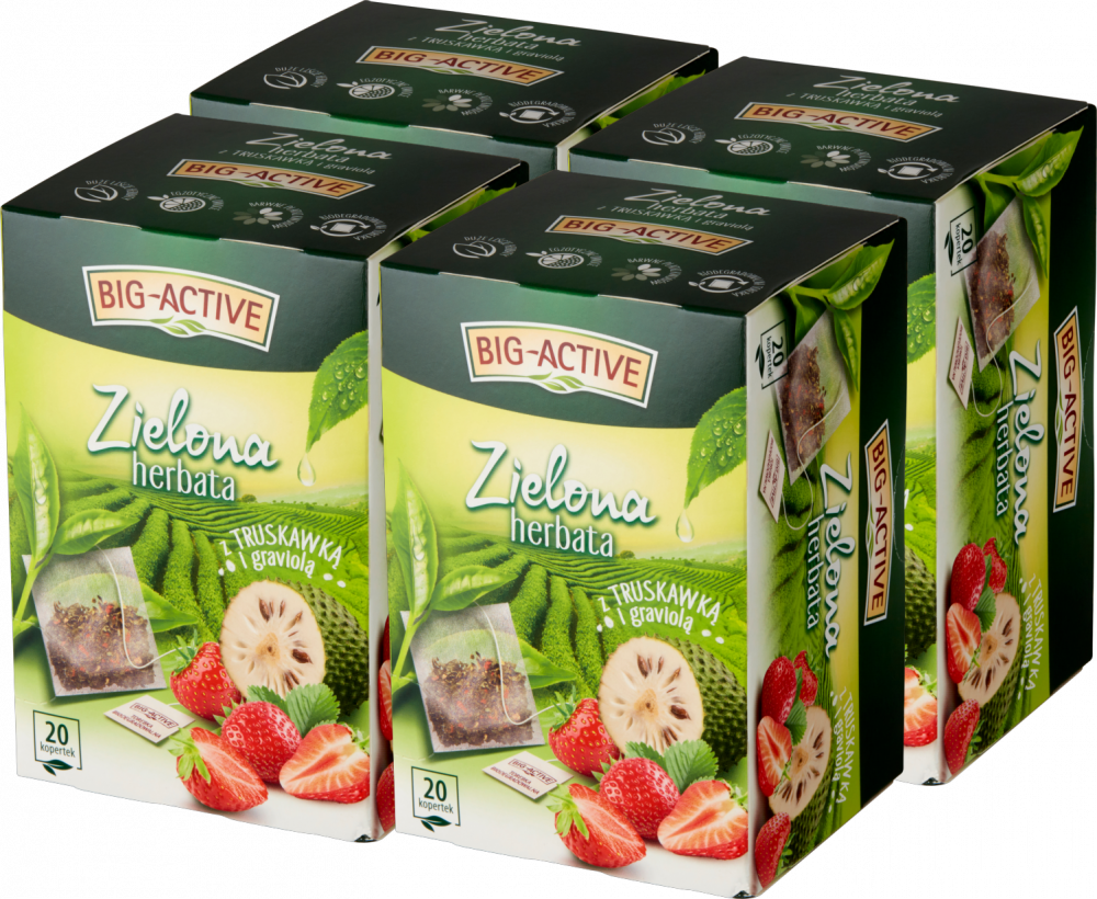 4x Herbata zielona smakowa w kopertach Big-Active, truskawka i graviola, 20 sztuk x 1.5g