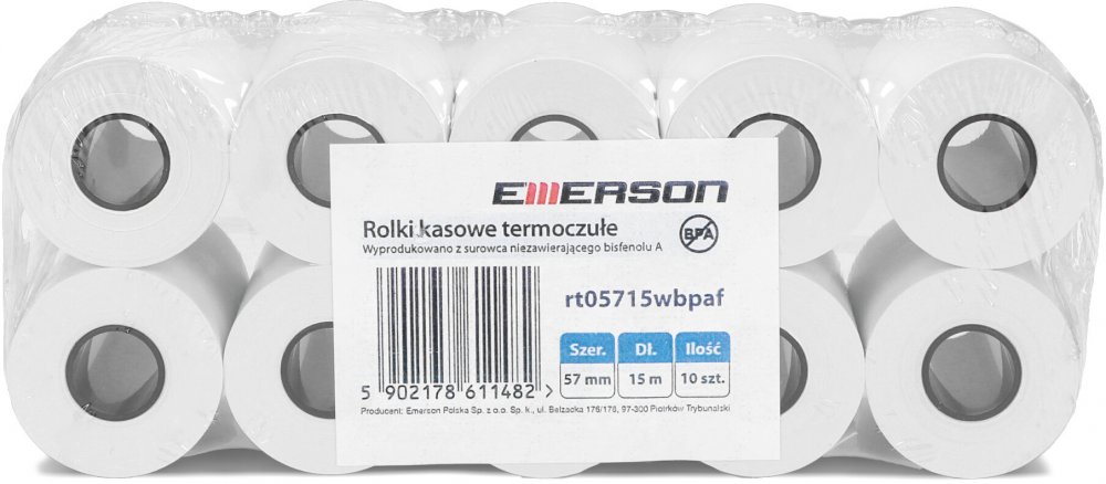 Rolka termiczna Emerson, 57mm x 15m, 50+/- 6g/m2, BPA Free, 10 sztuk, biały